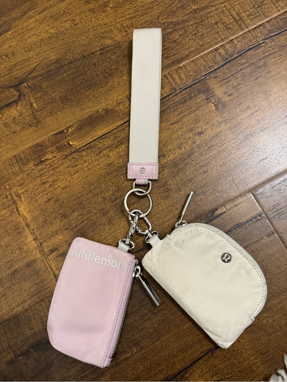 lululemon athletica pink and cream wristlet keychain pouch set